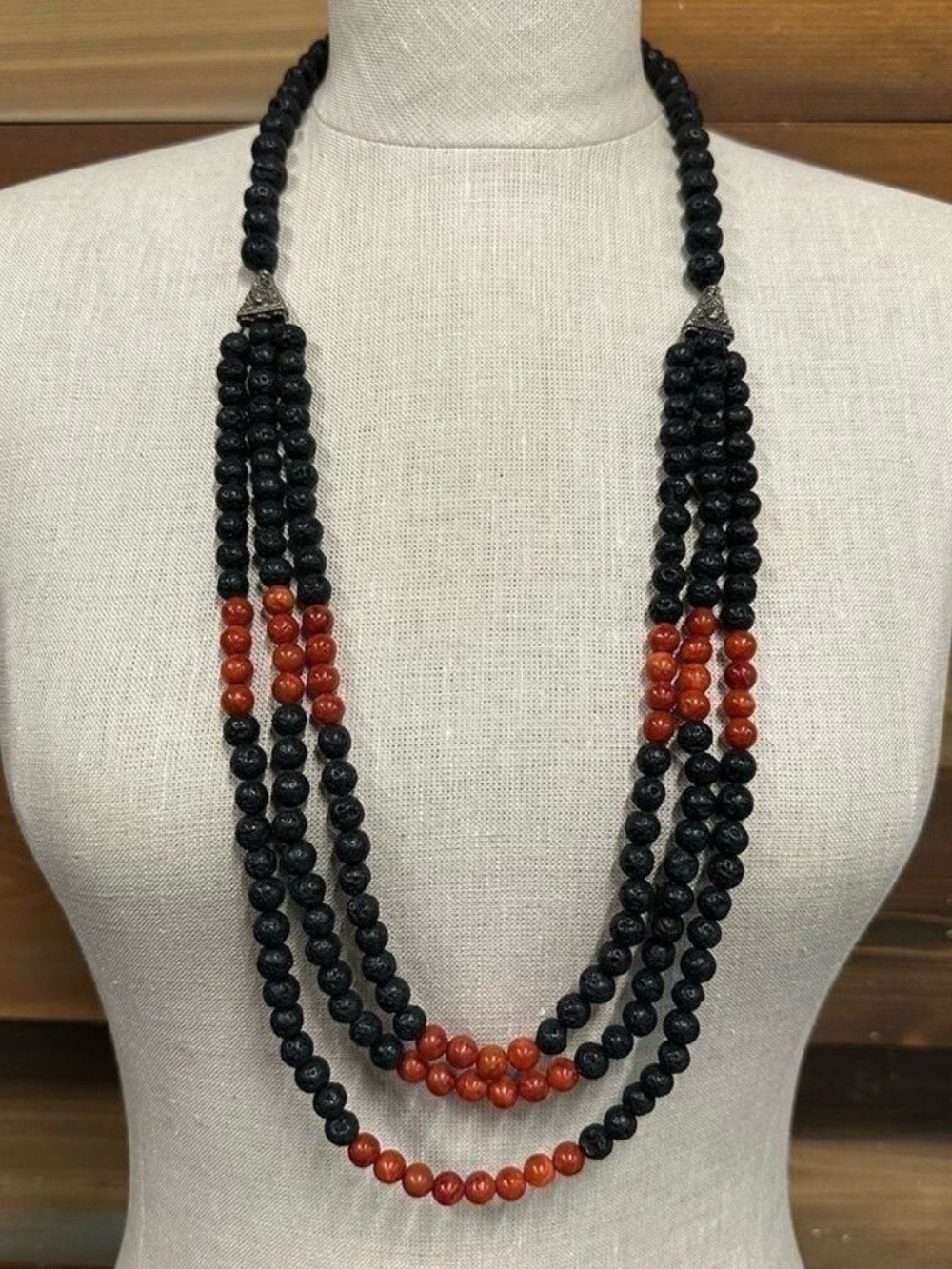 Lava Stone red sponge coral 3 row beaded necklace